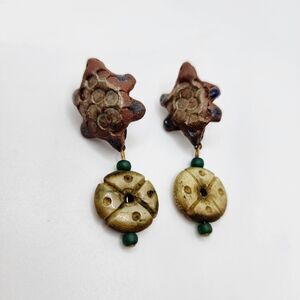 Vintage Teresa Goodall Pottery Turtle Stoneware Artisand Dangle Stone Earrings